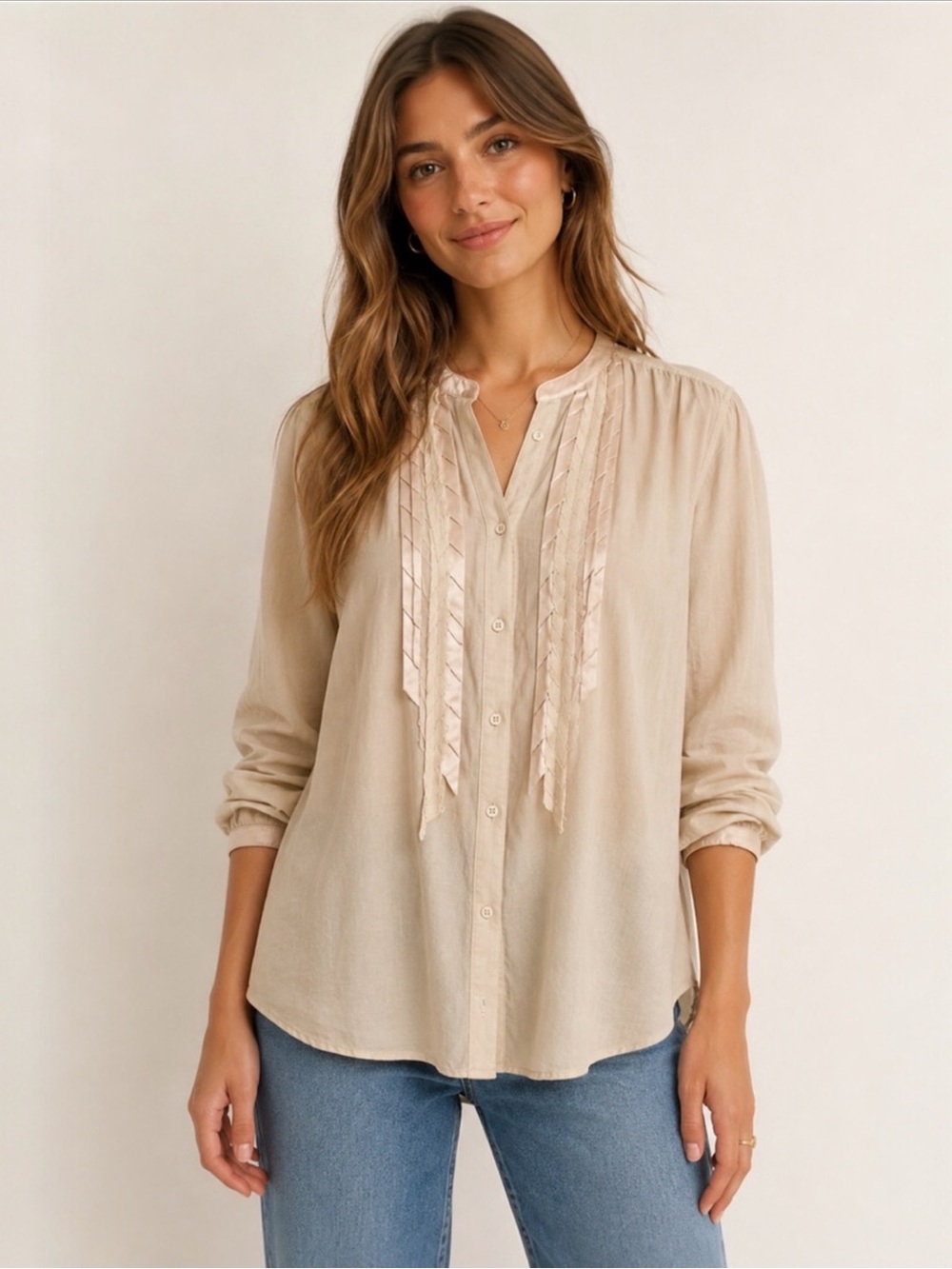 Olsen Europe Cream Pleated Poet Blouse Boho Cotton Viscose Button Front Top L